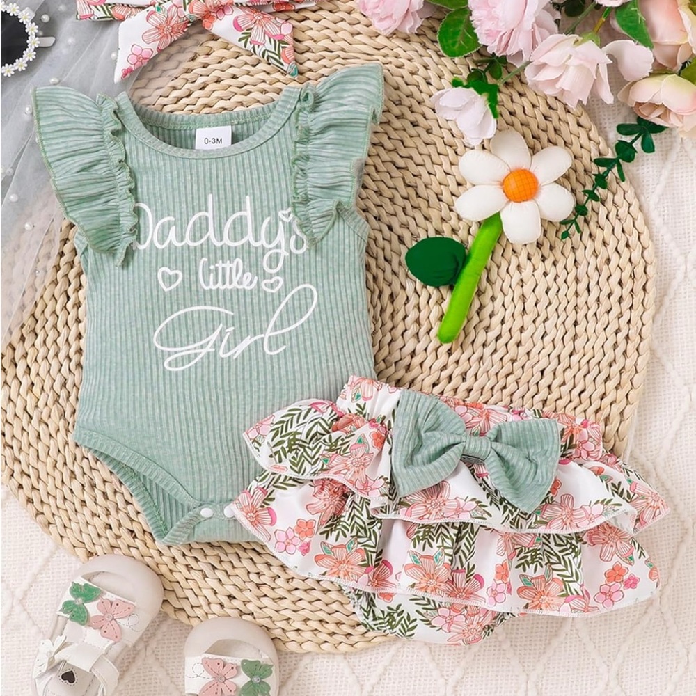 Green and White Baby Girl Outfit Set